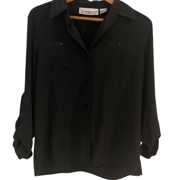 Dressbarn Black Button Down Blouse Women’s Size M Roll Tab Sleeves - Picture 4 of 5